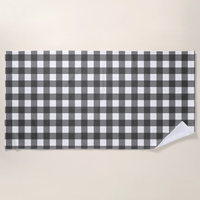 Black and White Vichy Print Gingham Pattern Beach Towel (Front)