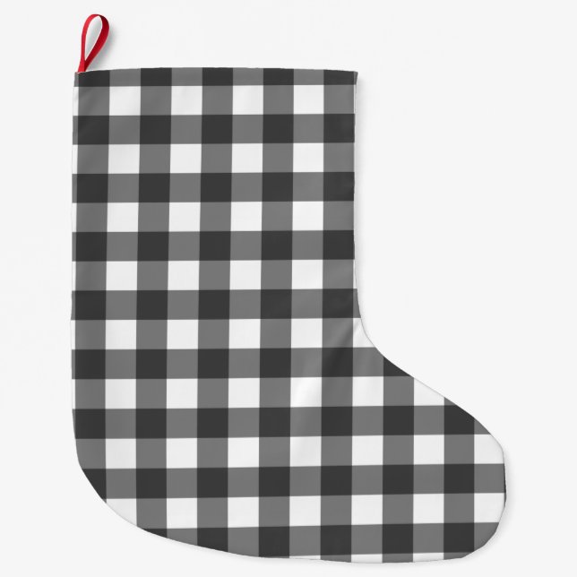 Black and White Vichy Print Gingham Pattern Large Christmas Stocking (Front)
