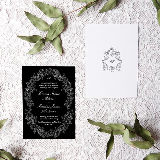 Black and White Victorian Antique Classic Wedding Invitation (black and white gothic wedding invitation with victorian rococo botanical frames and monogram crests)