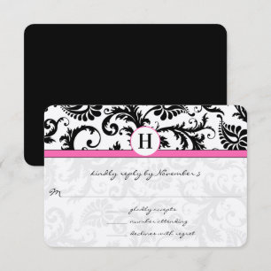 Black and White Victorian Damask Pink Accent RSVP Card