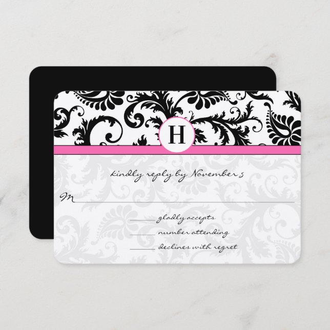 Black and White Victorian Damask Pink Accent RSVP Card (Front/Back)