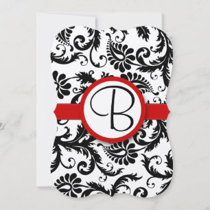 Black and White Victorian Damask Red Trim Wedding Invitation