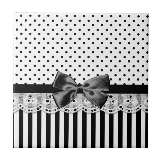 Black And White Victorian Stripes With Bow Ceramic Tile (Front)