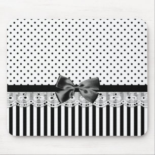 Black And White Victorian Stripes With Bow Mouse Pad