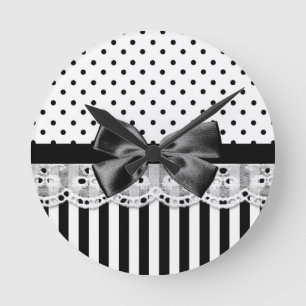 Black And White Victorian Stripes With Bow Round Clock