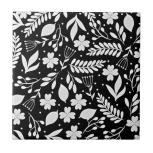 Black and White Vine Floral Pattern Ceramic Tile
