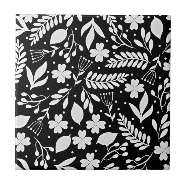 Black and White Vine Floral Pattern Ceramic Tile (Front)