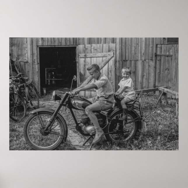 Black and White Vintage 2 Boys on a Motorcycle Poster (Front)