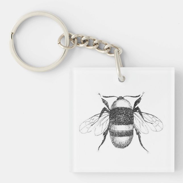 Black and white vintage bee drawing keychain (Front)