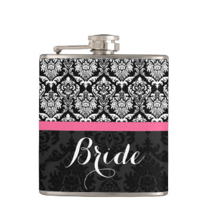 Black And White Vintage Damasks Bride Hip Flask