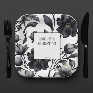 Black and white vintage elegant wedding template paper plate