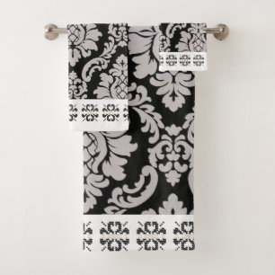 Black and White Vintage floral Bath Towel Set