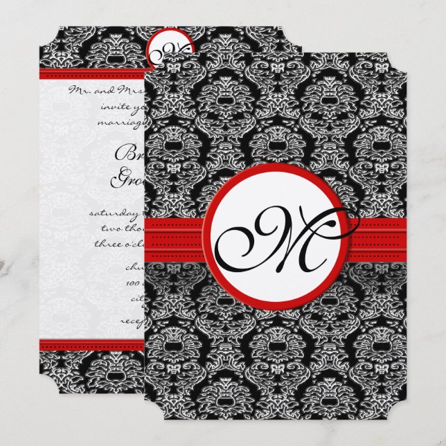 Black and White Vintage Floral Damask Wedding Invitation (Front/Back)