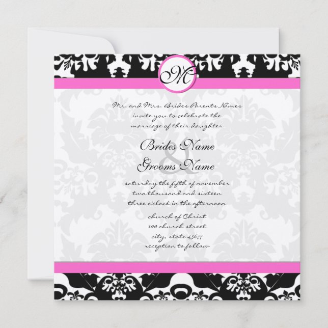 Black and White Vintage Floral Damask Wedding Invitation (Front)