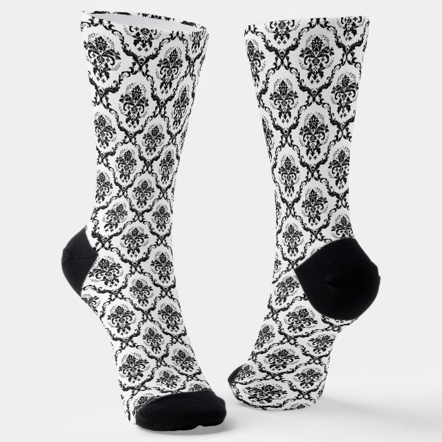 Black and white vintage floral damasks socks (Angled)