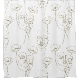 Black and White Vintage Floral Face Line Pattern 1 Shower Curtain