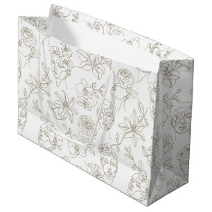 Black and White Vintage Floral Face Line Pattern 3 Large Gift Bag