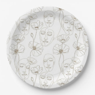 Black and White Vintage Floral Face Line Pattern 3 Paper Plate
