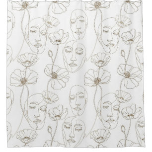 Black and White Vintage Floral Face Line Pattern 3 Shower Curtain