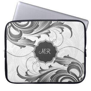 Black And White Vintage Floral Swirls-Monogram Laptop Sleeve