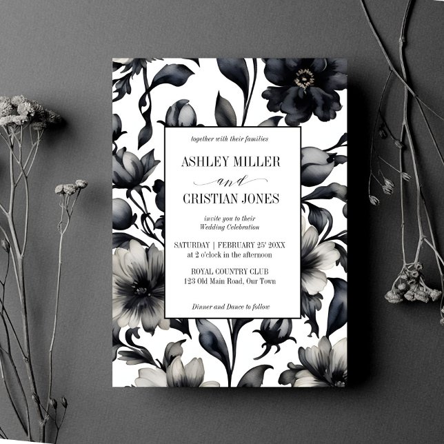 Black and white vintage flowers elegant wedding invitation (Black and white vintage flowers elegant wedding editable template invitation digital download floral)