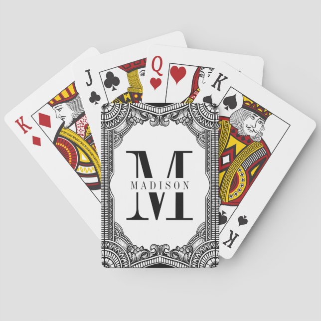 Black and White Vintage Frame Monogram Playing Cards (Back)