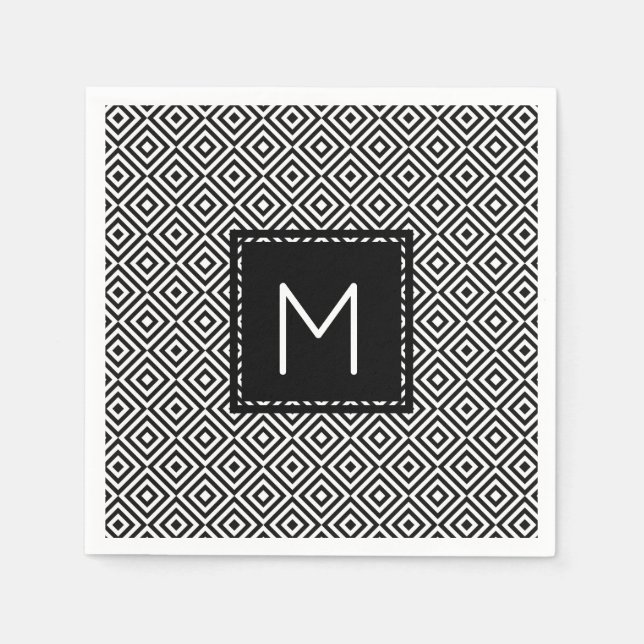 Black and White Vintage modern  Monogram Napkin (Front)