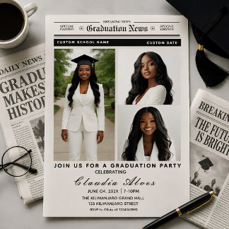 Black and White Vintage Newspaper Graduation Party Invitation