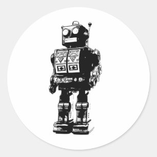Black and White Vintage Robot Classic Round Sticker