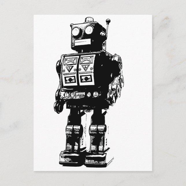 Black and White Vintage Robot Postcard (Front)