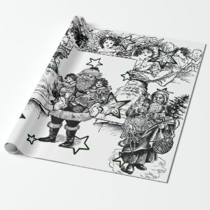 BLACK AND WHITE VINTAGE SANTA CHRISTMAS WRAPPING PAPER