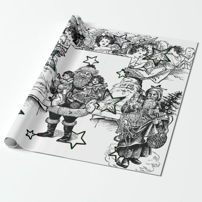 BLACK AND WHITE VINTAGE SANTA CHRISTMAS WRAPPING PAPER (Unrolled)