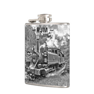 Black and White Vintage Steam Train Engine Hip Flask