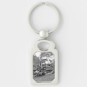 Black and White Vintage Steam Train Engine Key Ring