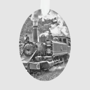 Black and White Vintage Steam Train Engine Ornament