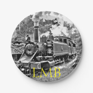 Black and White Vintage Steam Train Engine Paper Plate