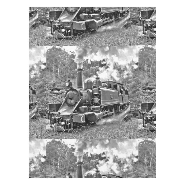 Black and White Vintage Steam Train Engine Tablecloth (Front)