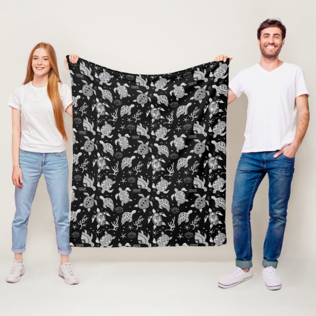 black and white vintage turtle pattern fleece blanket (In Situ)