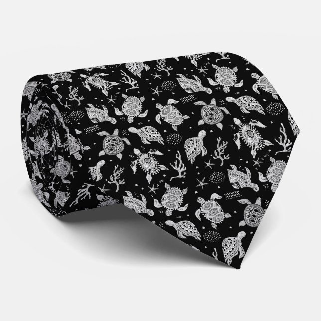 black and white vintage turtle pattern tie (Rolled)