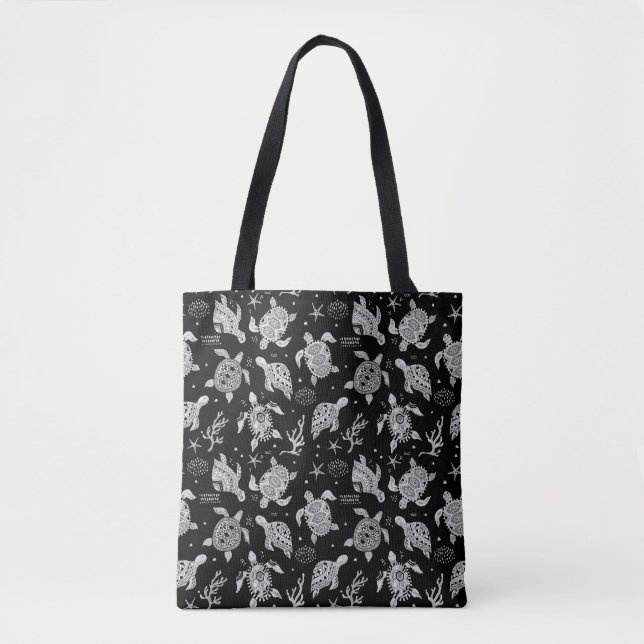 black and white vintage turtle pattern tote bag (Front)