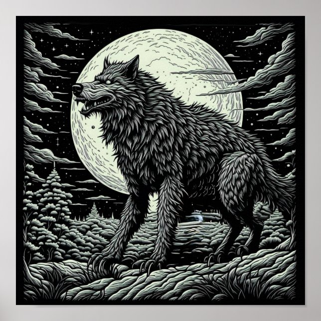 Black and white Vintage Werewolf Ai Art Poster (Front)