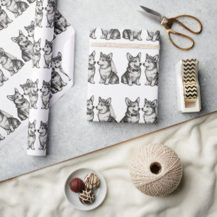 Black and White Vintage Whimsical Corgi Wedding Wrapping Paper