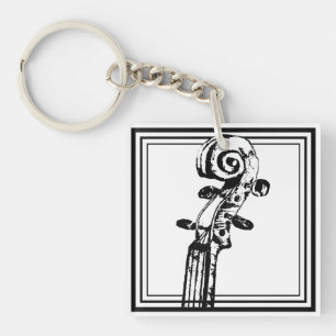 Black and White Violin Scroll with Black Outlines Key Ring