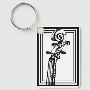 Black and White Violin Scroll with Black Outlines Key Ring