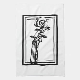 Black and White Violin Scroll with Black Outlines Tea Towel