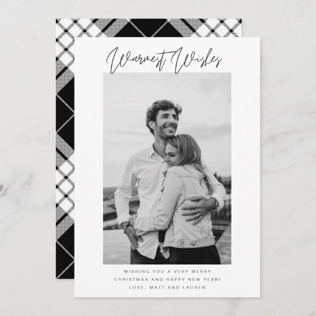 Black and White Warmest Wishes Photo Christmas Hol Holiday Card (Front/Back)