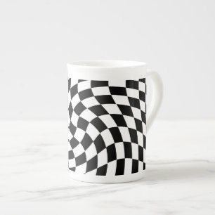 Black and White Warped Checkered Pattern Bone China Mug