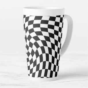 Black and White Warped Checkered Pattern Latte Mug