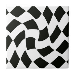 Black and White Warped Chequerboard Ceramic Tile