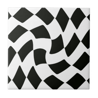 Black and White Warped Chequerboard Ceramic Tile